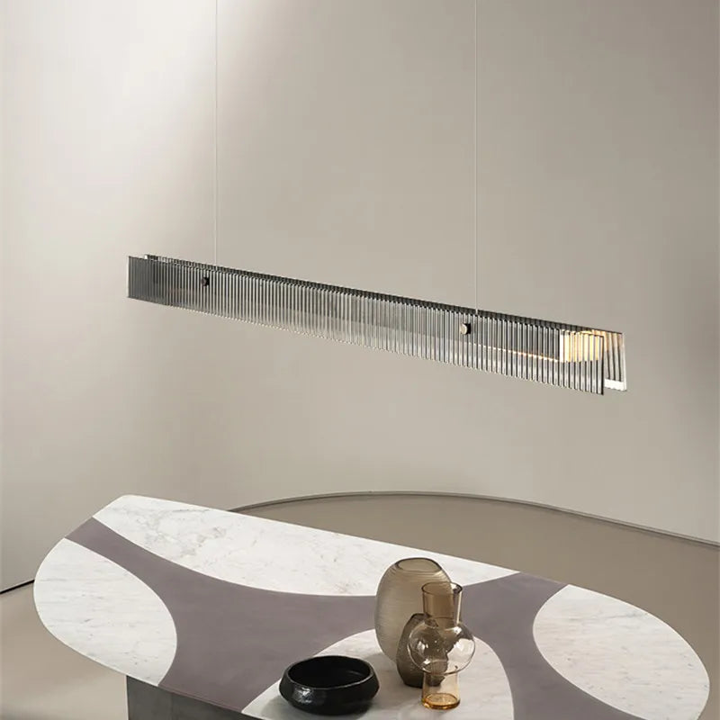 Lustre design de luxe en acier inoxydable et cristal minimaliste longue bande - vue 6 sur 8