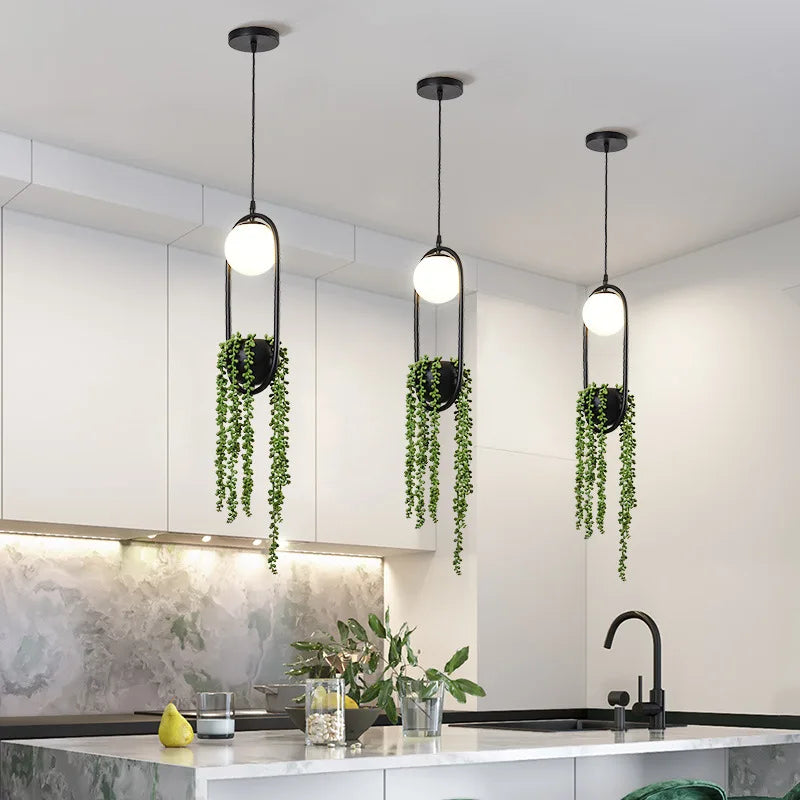 suspension rétro en fer avec plante décorative et éclairage led - vue 2 sur 7