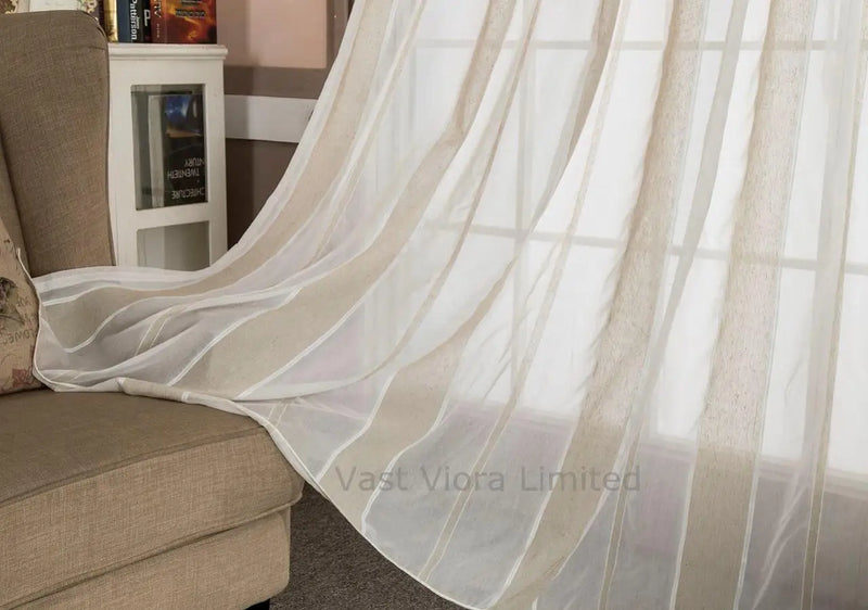 Rideau lin rayé style naturel plis plats moderne
