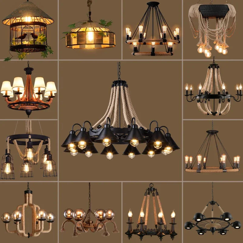 suspension vintage en corde de chanvre et fer style industriel