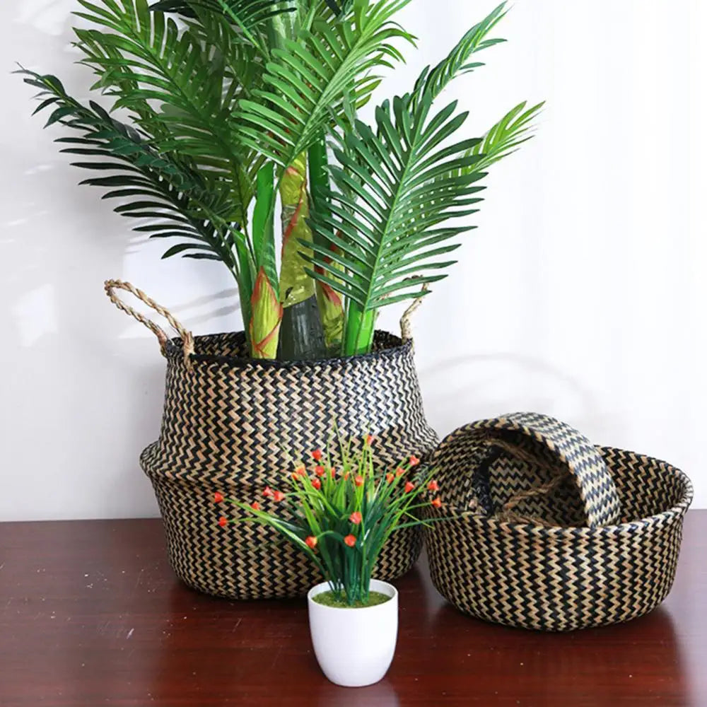 panier de rangement en paille avec poignée pliable pour fleurs et linge - vue 6 sur 8