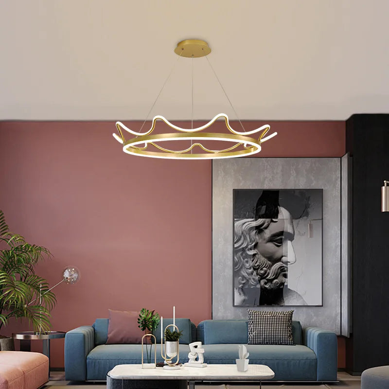 Nordique moderne LED or rose en acier inoxydable suspension bande couronne forme anneau lustre bébé enfants chambre plafonnier - vue 5 sur 10