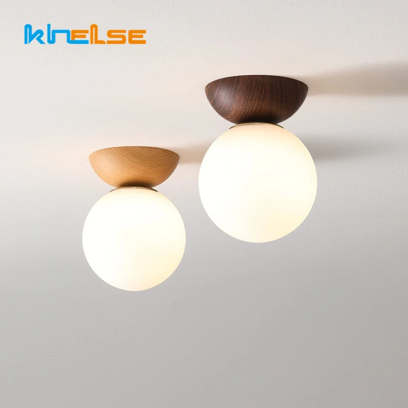 Plafonnier led rond en verre avec abat jour en bois