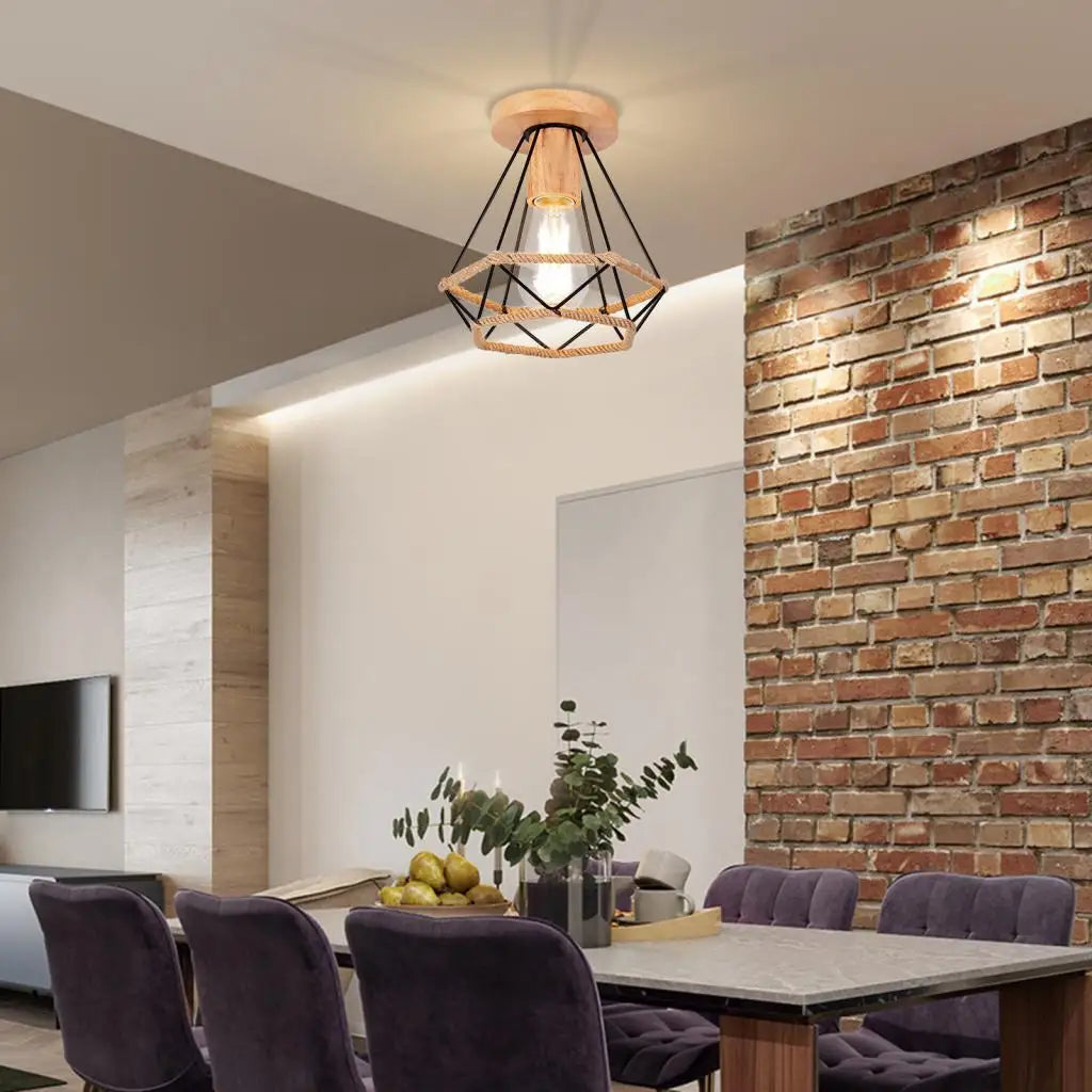 Plafonnier rétro en métal avec Cage en fer et corde de chanvre pour intérieur d'allée - vue 7 sur 14