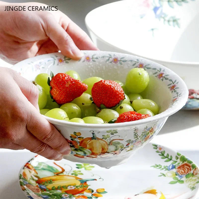 Assiette ceramique motif citrouille et lapin style jardin