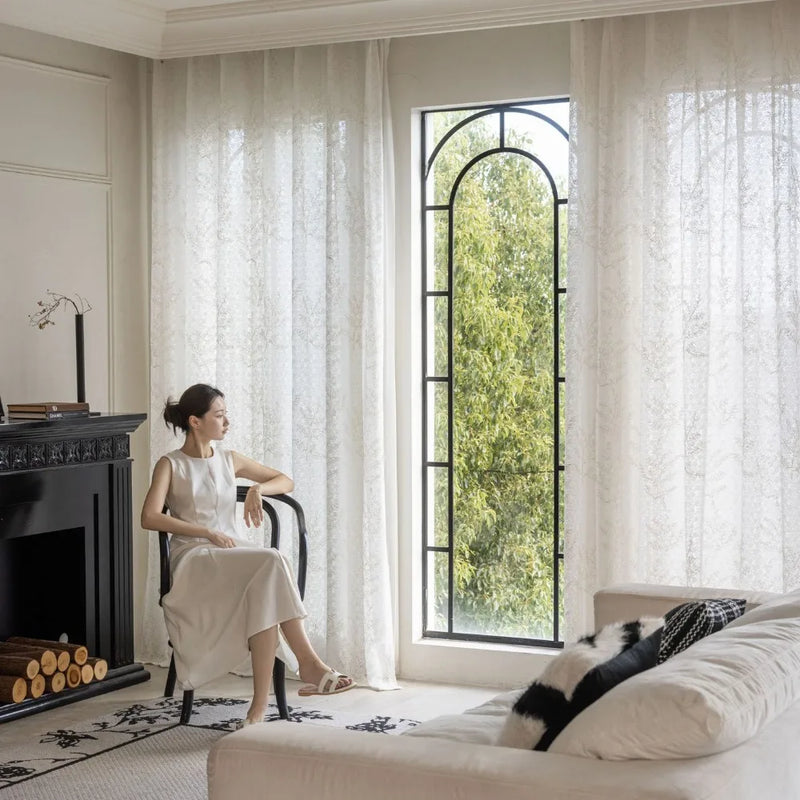 Voilage tulle brodé motifs feuilles pour salon chambre