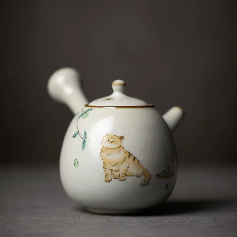 Théière ru kiln chat mignon poignée latérale céramique