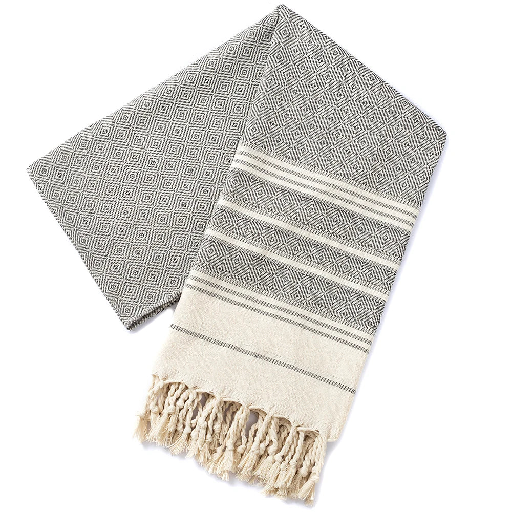 serviette de plage turque coton jacquard losanges pompons