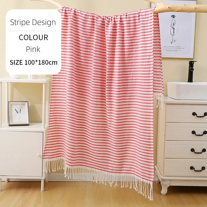 Serviette de plage turque rayures pompons sauna spa