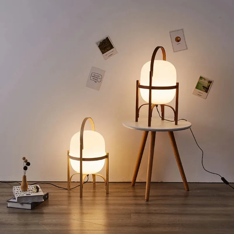 lampe de table nordique portable en verre avec panier en bois