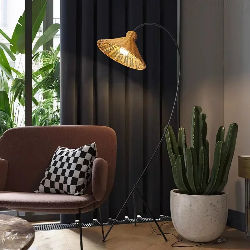 Nordic Tripod Floor Lamp with Rattan Shade Standing Light for Living Room Bedroom - vue 5 sur 7
