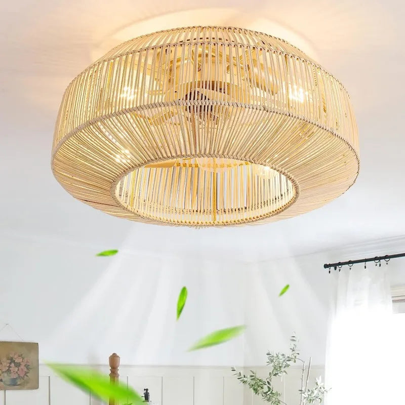 Ventilateur de plafond avec lumière rétro fait à la main en rotin de bambou ventilateur invisible lumières moderne simple Wabi-Sabi lampe de ventilateur de plafond d'îlot de cuisine