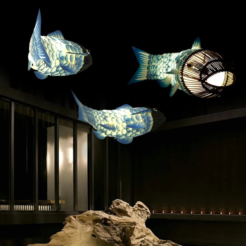 lustre en bambou style chinois créatif avec gros poisson - vue 5 sur 12