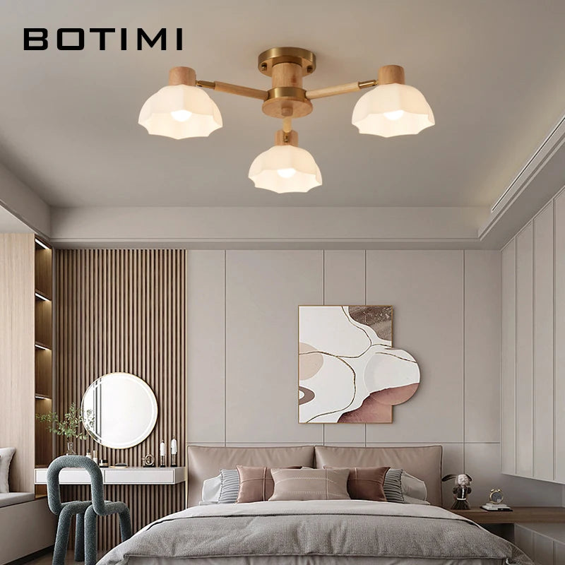 Plafonniers nordiques en bois de caoutchouc avec lampadaires en verre pour salon moderne blanc chaud lumière froide Lustres chambre lampara