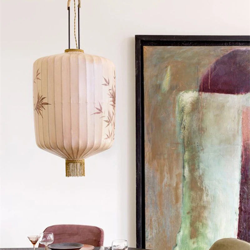 Nouvelle lampe lanterne en tissu chinois pour Restaurant salon rétro hôtel chez l'habitant balcon motif dessiné à la main lustre ampoule gratuite - vue 4 sur 18