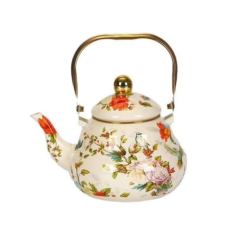 bouilloire vintage émaillée motif floral poignée dorée cuisine