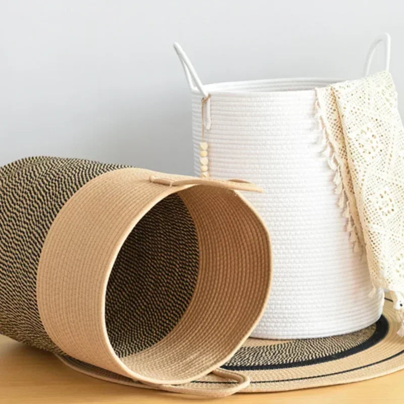 grand panier à linge tissé avec poignées en coton pliable - vue 4 sur 10