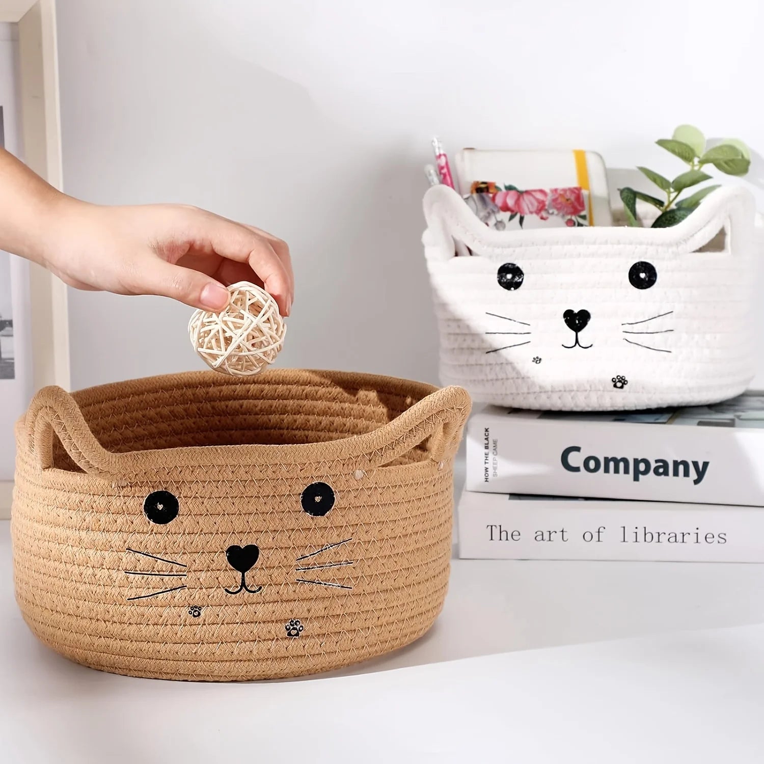 panier de rangement en coton tissé visage de chat adorable - vue 5 sur 11
