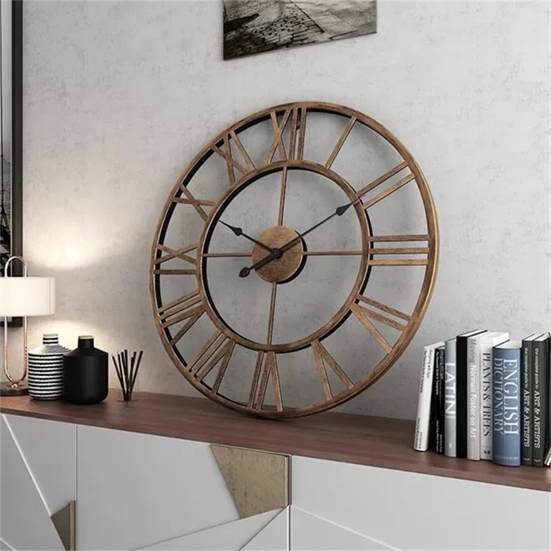 horloge murale moderne rétro en métal avec chiffres romains silencieuse - vue 7 sur 8