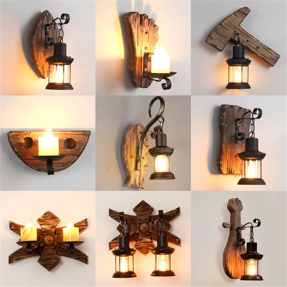applique murale industrielle en bois style loft vintage - vue 7 sur 19