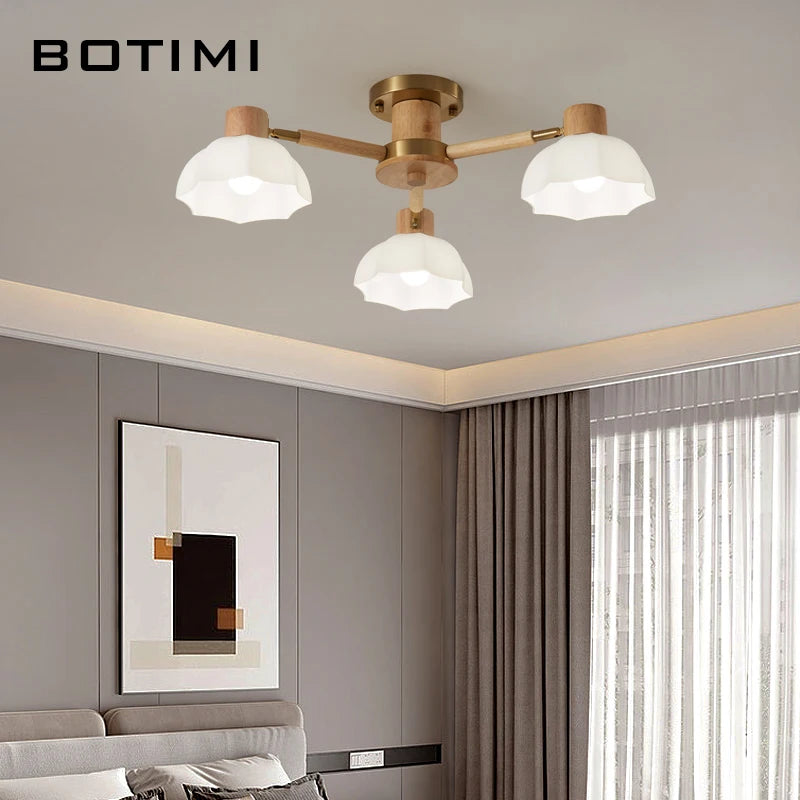 Plafonniers nordiques en bois de caoutchouc avec lampadaires en verre pour salon moderne blanc chaud lumière froide Lustres chambre lampara