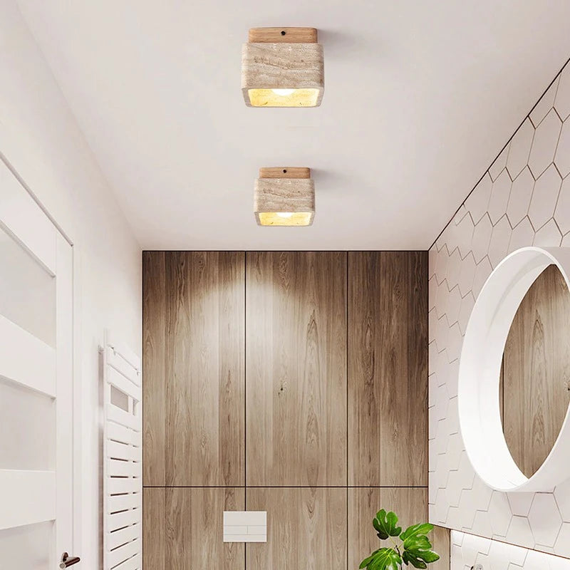 Plafonnier Led nordique moderne Downlight carré pierre bois crème Style Surface monté vers le bas lumière pour porche balcon couloir - vue 4 sur 7