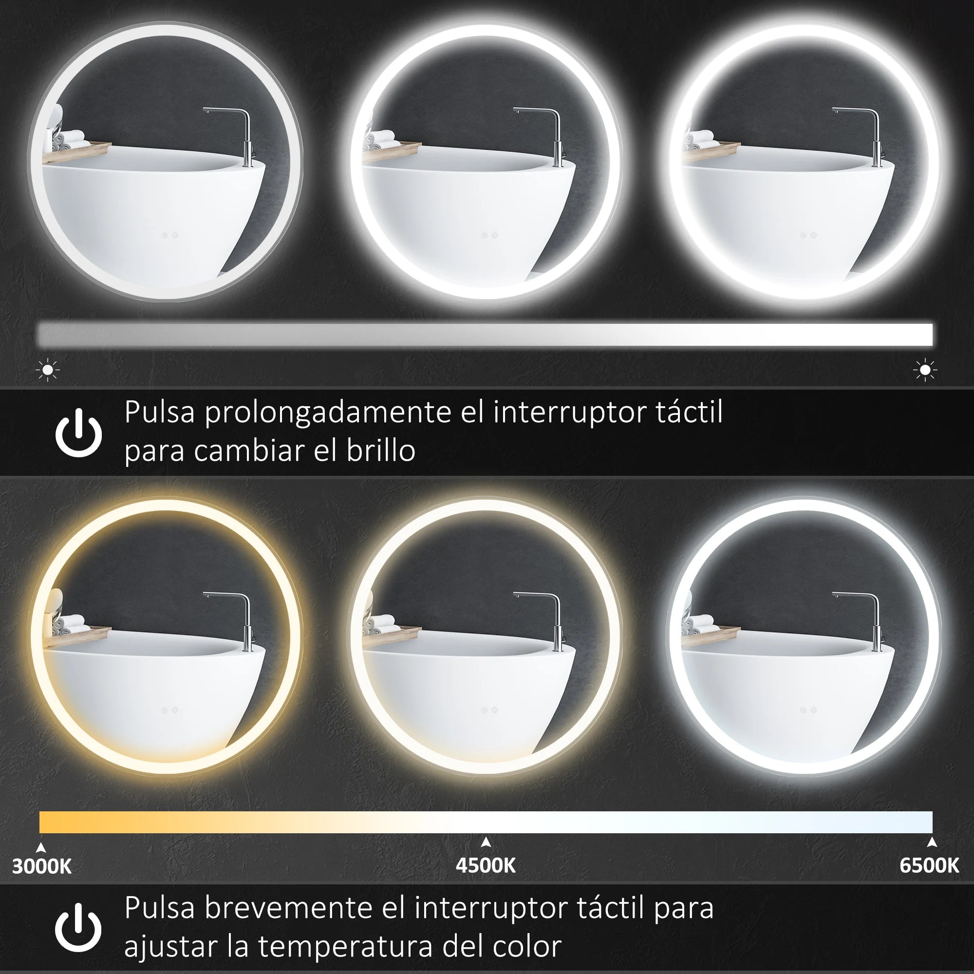 miroir rond avec lumières led réglables antibuée argent - vue 7 sur 7