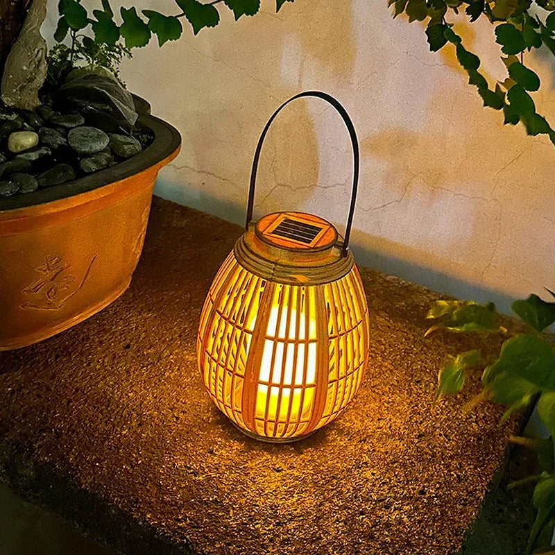 lanterne solaire en rotin pour jardin et balcon décorative - vue 5 sur 6