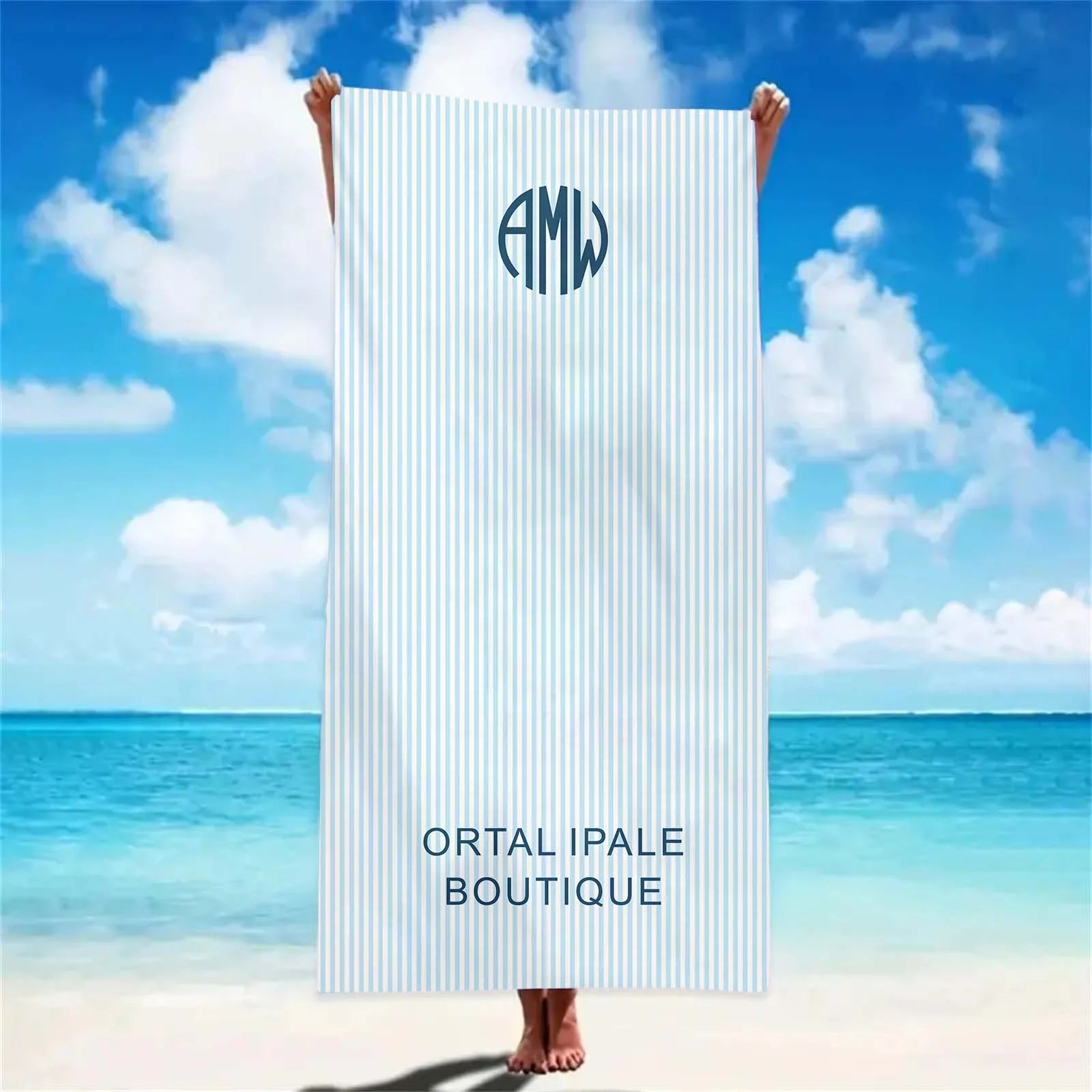 serviette de plage personnalisee monogramme rayures style preppy - vue 3 sur 6