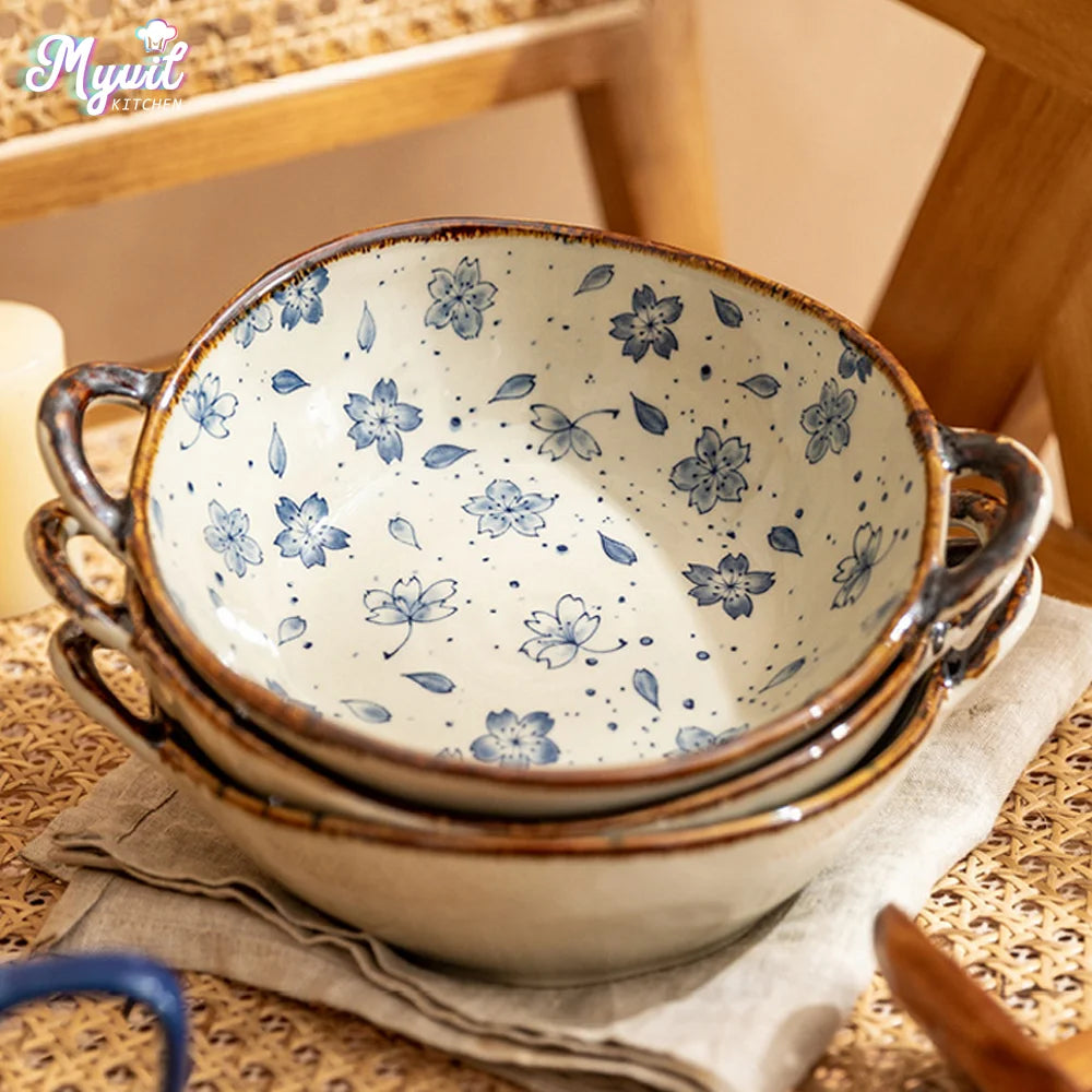 Bol japonais céramique anse motif floral 19cm - vue 2 sur 7