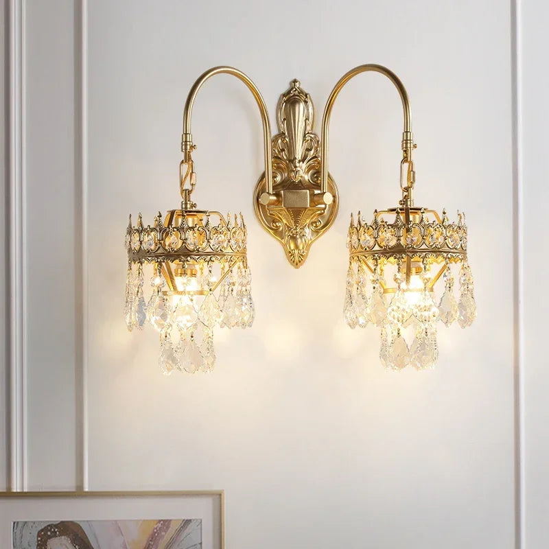 applique murale vintage luxe en cristal doré à deux lumières - vue 2 sur 6