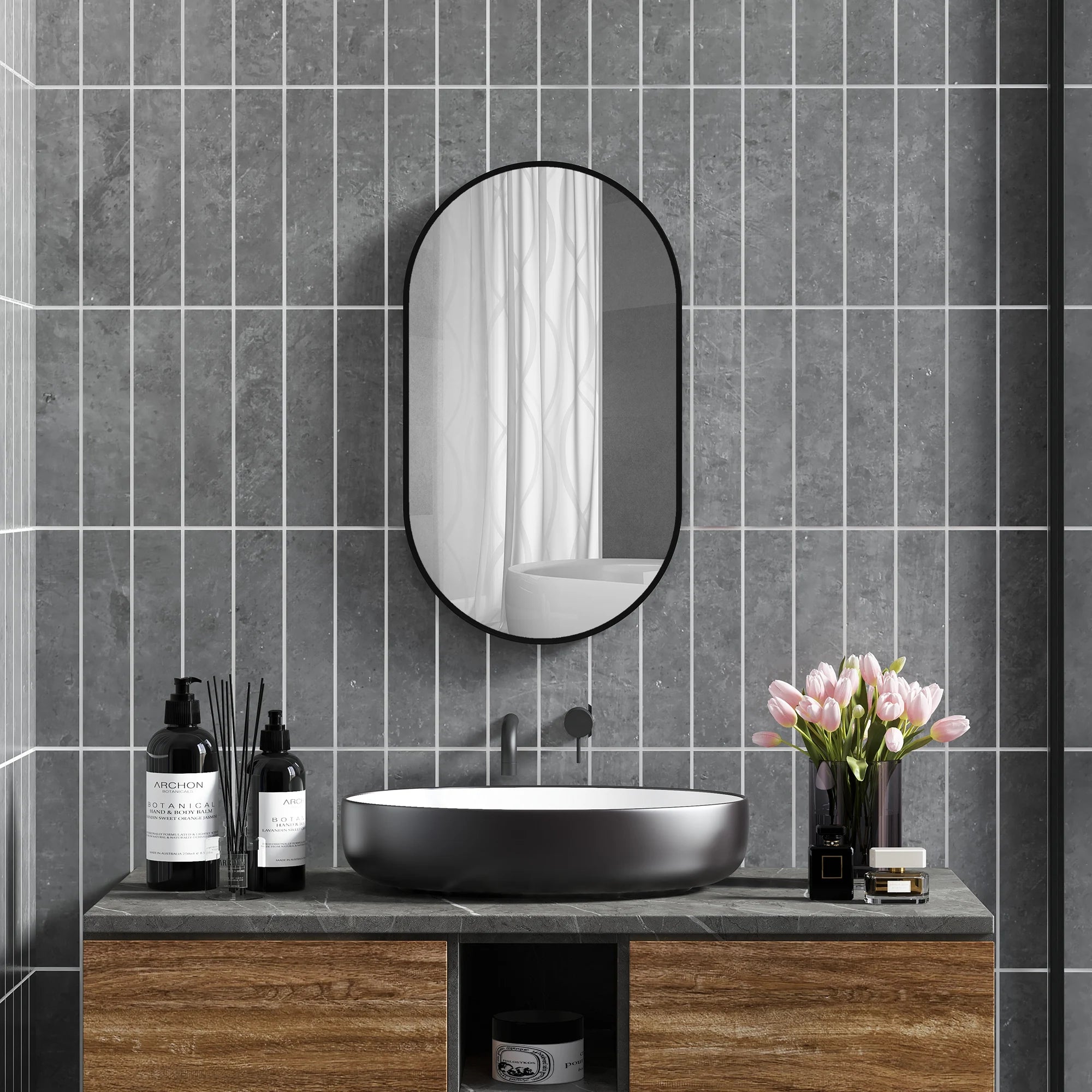 miroir ovale avec cadre en aluminium noir pour décoration intérieure - vue 4 sur 7
