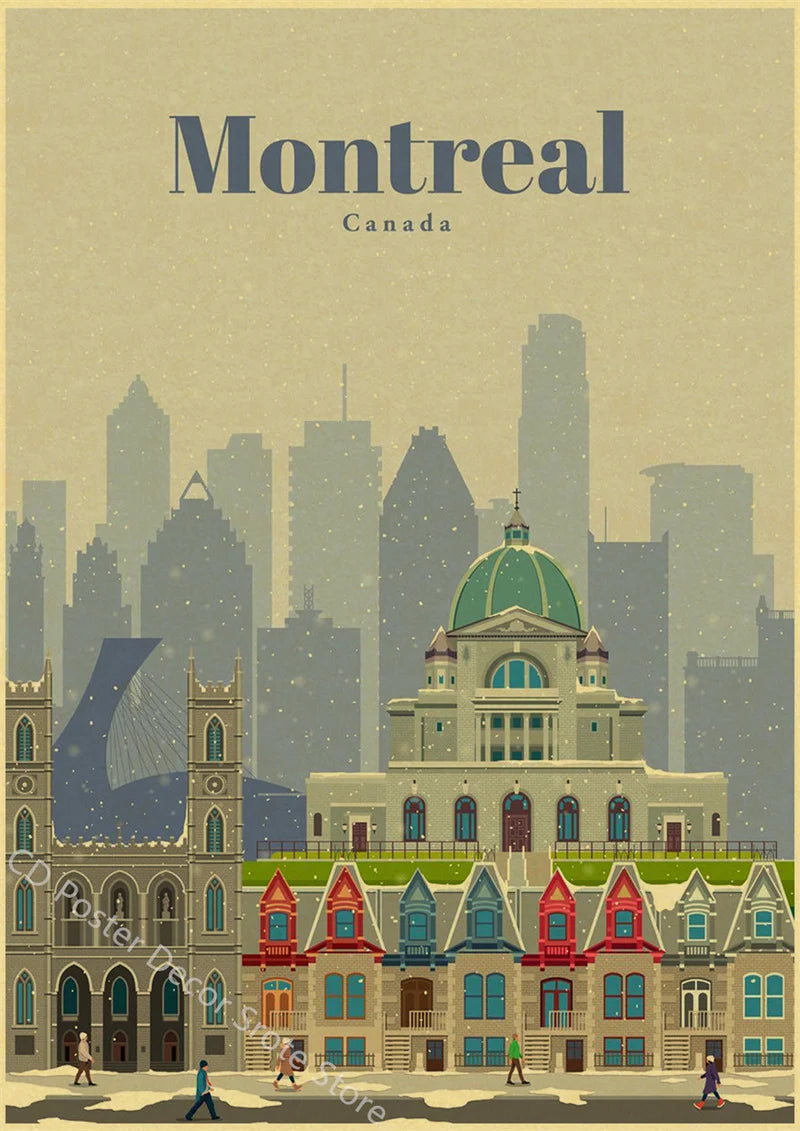 affiche rétro des villes du monde architecture vintage décor mural