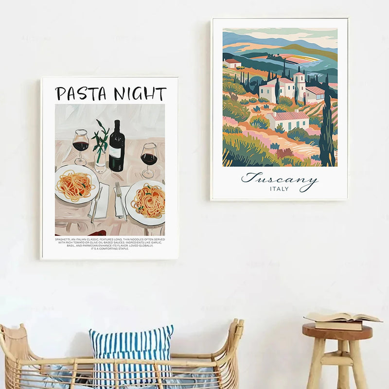 affiche vintage italienne paysage nourriture et café méditerranée