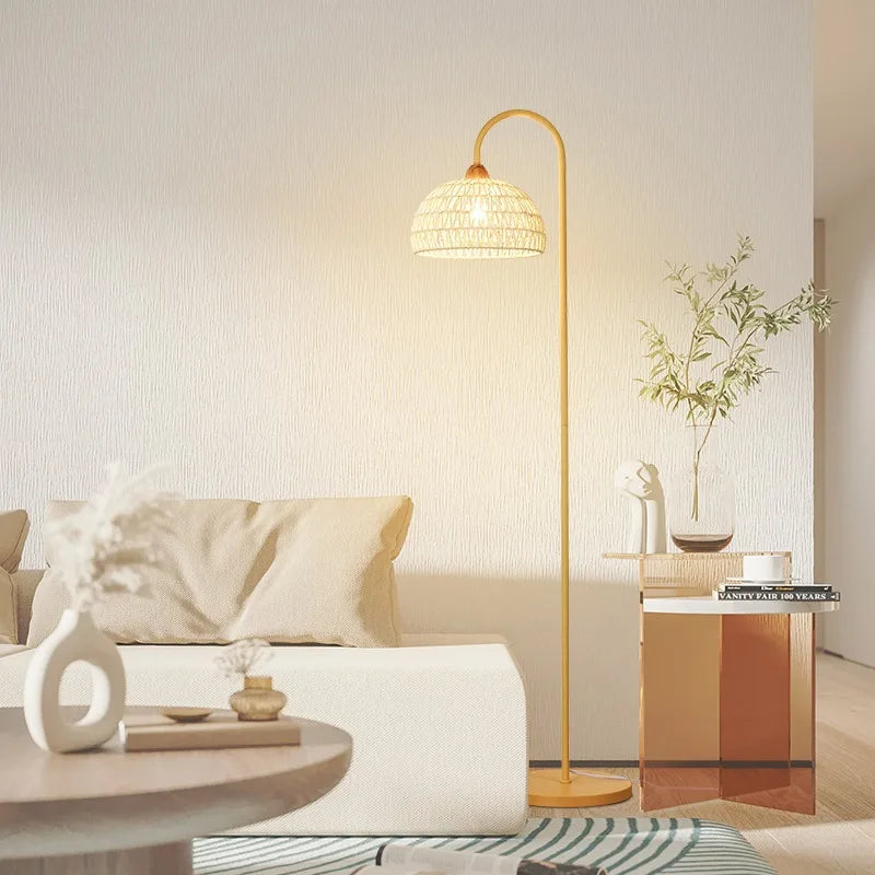 lampadaire vintage en rotin pour éclairage intérieur ambiance - vue 5 sur 7