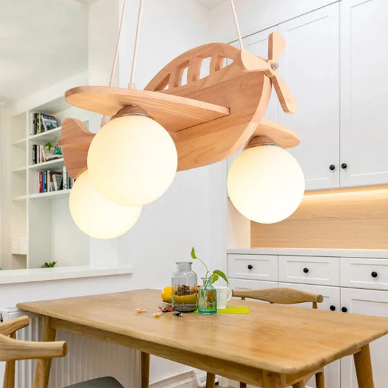 Moderne LED enfants lustres en bois à la main avion suspendus lampes suspendues chambre garçons filles chambre décor lampes à suspension - vue 5 sur 6