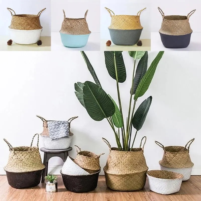 paniers de rangement pliables en rotin avec poignée pour divers usages - vue 4 sur 12