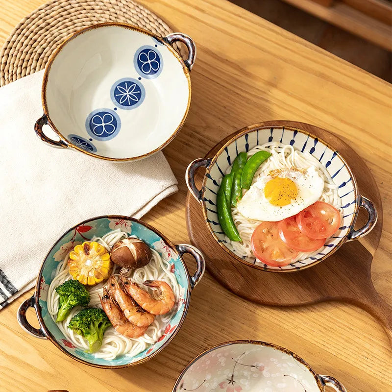 Bol japonais en céramique avec anse motif floral - vue 3 sur 7