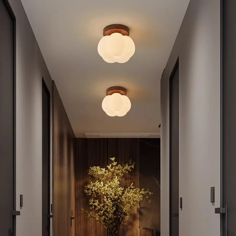 Walnut Wood Roll Molded Pumpkin, Wabi Sabi Modern, Flush Ceiling light fixture for Entrance Hall, Corridor, Balcony, Entrance - vue 3 sur 10