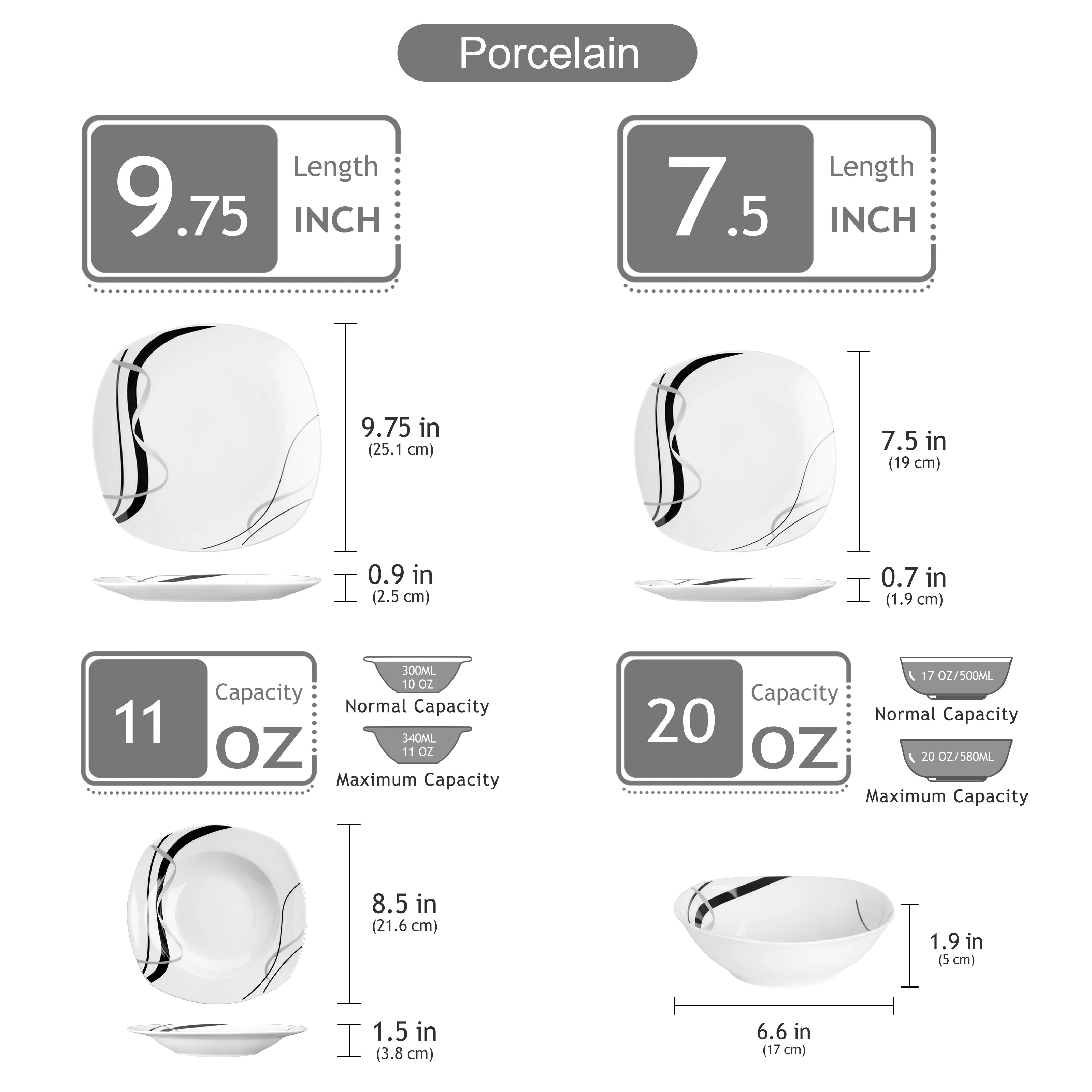 Service vaisselle porcelaine design rayures forme carrée