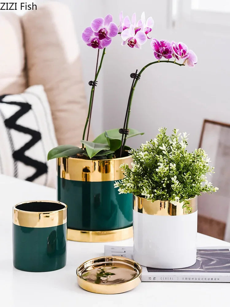 pot de fleurs en céramique luxe avec bordure dorée - vue 5 sur 12