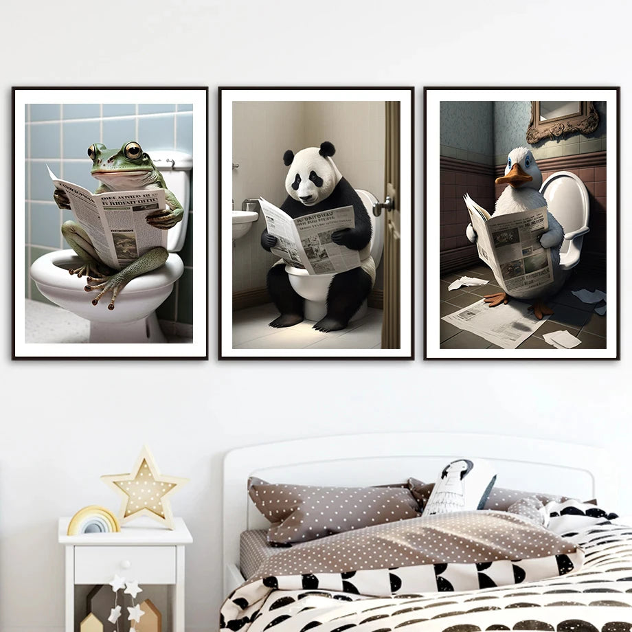 décoration murale humoristique animaux sur toilettes avec journal - vue 4 sur 7