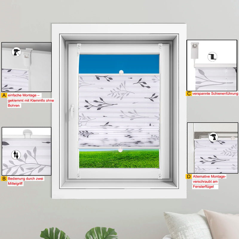 Store plissé motif branches sans perçage fenêtre intérieur