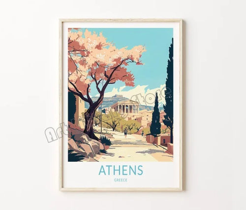 affiche rétro de voyage château et île de santorin décor mural