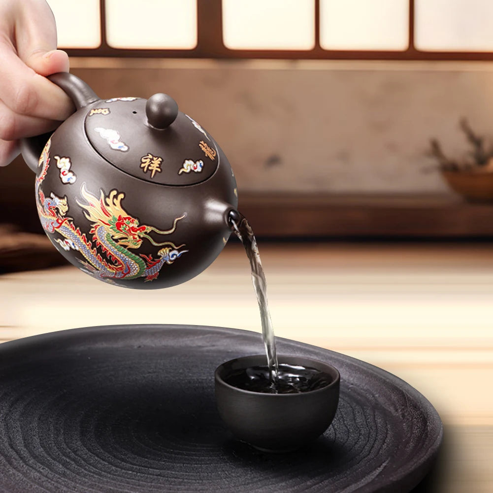 Théière argile motifs dragon phénix style gongfu artisanale - vue 3 sur 7
