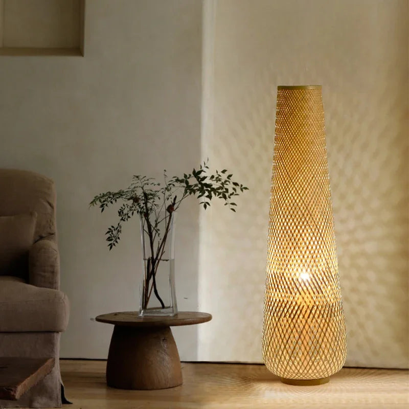 lampadaire cylindrique en bois et osier rétro tissé en bambou - vue 7 sur 9