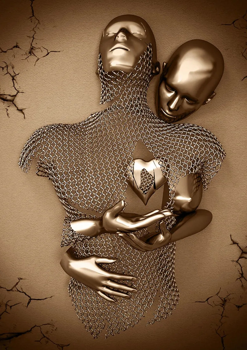 affiche toile couple amoureux avec paillettes et cœur décoratif