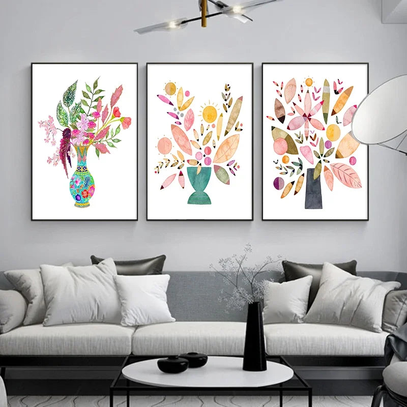 vase à fleurs aquarelle art mural nordique pour décoration intérieure - vue 5 sur 7