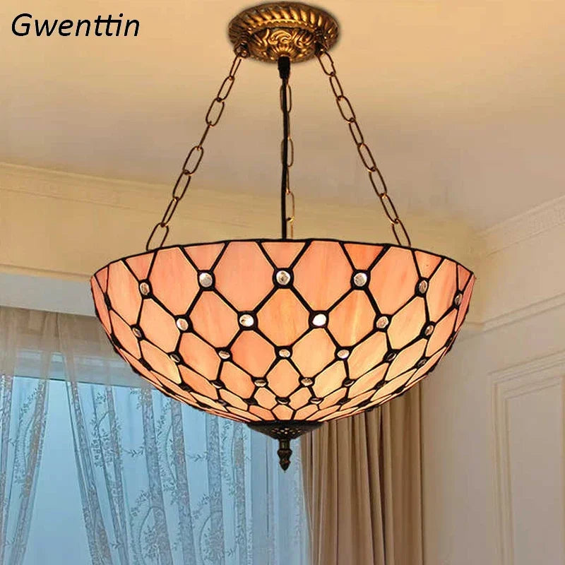lustre en verre teinté style tiffany pour décoration intérieure suspendue - vue 3 sur 11
