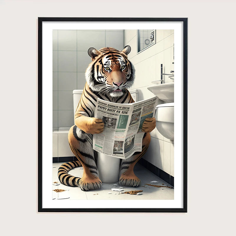 décoration murale humoristique animaux sur toilettes avec journal - vue 6 sur 7